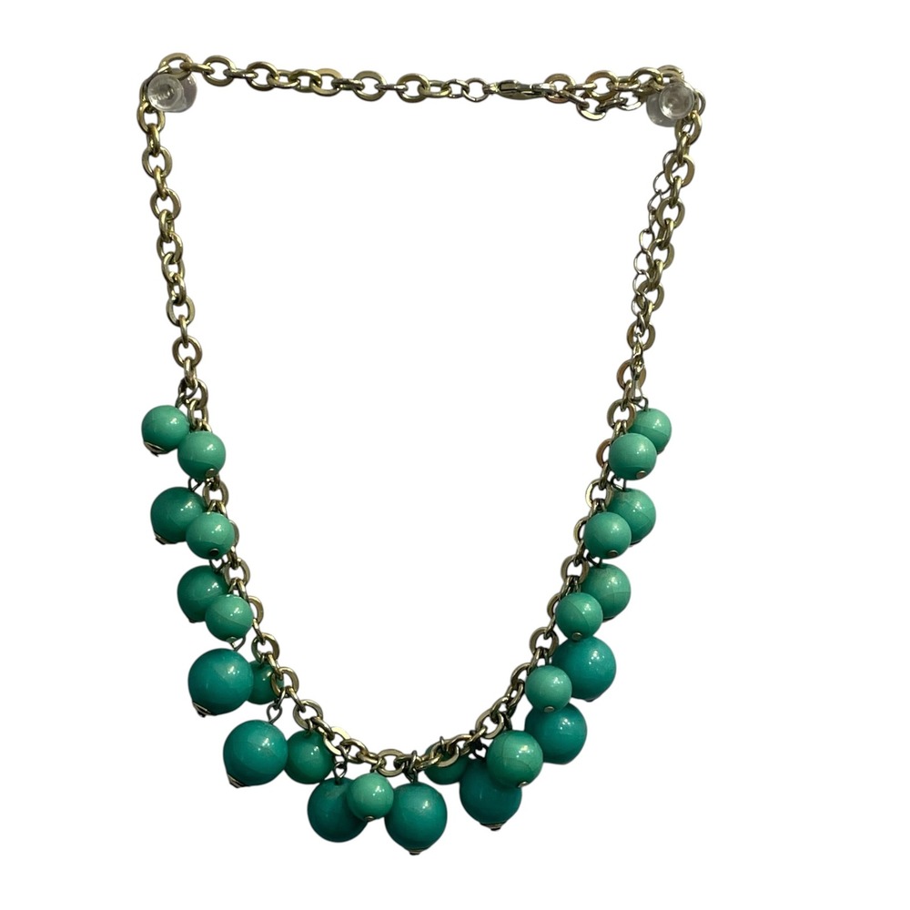 Turquoise Color Chunky Bead Statement Necklace Gold Tone 20 Inch Adjustable